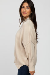 Beige Mock Neck Exposed Seam Sweater