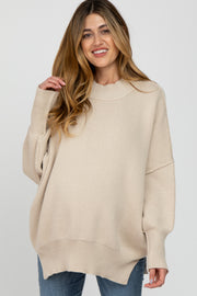 Beige Mock Neck Exposed Seam Maternity Sweater