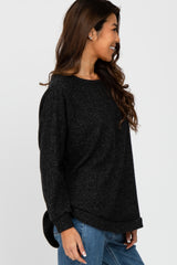 Black Brushed Ribbed Long Sleeve Top