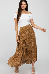 Camel Floral Drawstring Side Gathered Skirt