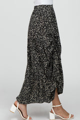 Black Floral Drawstring Side Gathered Skirt