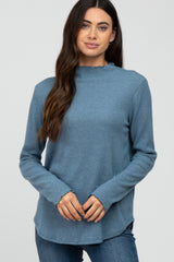 Blue Soft Ribbed Long Sleeve Top