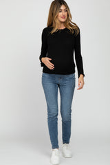 Black Brushed Lettuce Trim Maternity Top