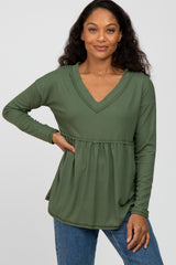 Olive Ribbed V-Neck Raw Edge Babydoll Top