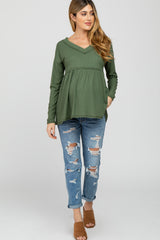 Olive Ribbed V-Neck Raw Edge Babydoll Maternity Top