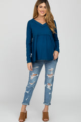 Teal Ribbed V-Neck Raw Edge Babydoll Maternity Top