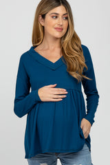 Teal Ribbed V-Neck Raw Edge Babydoll Maternity Top