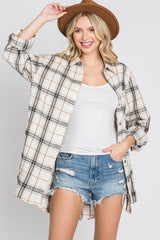 Ivory Plaid Front Pocket Button Up Flannel Top