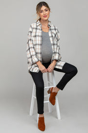 Ivory Plaid Front Pocket Button Up Flannel Maternity Top