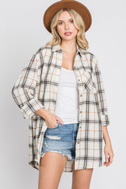 Ivory Plaid Front Pocket Button Up Flannel Top