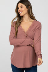 Mauve Lace Trim Maternity Long Sleeve Top