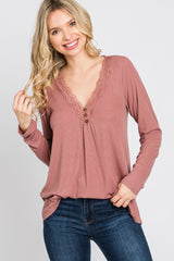 Mauve Lace Trim Maternity Long Sleeve Top