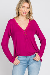 Magenta Lace Trim Long Sleeve Top