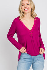 Magenta Lace Trim Long Sleeve Top