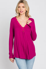 Magenta Lace Trim Long Sleeve Top