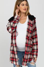 Red Plaid Button Front Fringe Hem Hooded Maternity Top