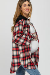 Red Plaid Button Front Fringe Hem Hooded Maternity Top