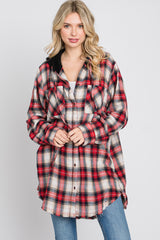 Red Plaid Button Front Fringe Hem Hooded Maternity Top