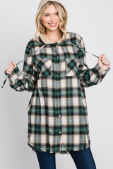 Green Plaid Button Front Fringe Hem Hooded Top