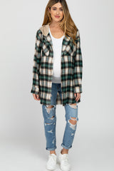 Green Plaid Button Front Fringe Hem Hooded Maternity Top