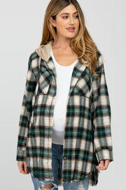 Green Plaid Button Front Fringe Hem Hooded Maternity Top