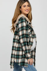 Green Plaid Button Front Fringe Hem Hooded Maternity Top