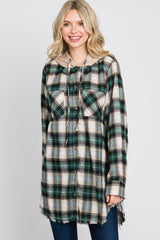 Green Plaid Button Front Fringe Hem Hooded Top