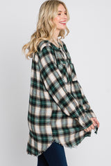 Green Plaid Button Front Fringe Hem Hooded Top