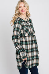 Green Plaid Button Front Fringe Hem Hooded Top