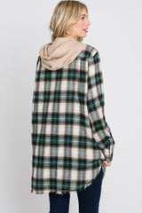 Green Plaid Button Front Fringe Hem Hooded Top