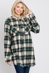 Green Plaid Button Front Fringe Hem Hooded Top