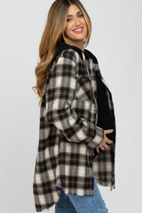 Brown Plaid Button Front Fringe Hem Hooded Maternity Top