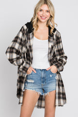 Brown Plaid Button Front Fringe Hem Hooded Maternity Top