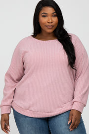 Pink Brushed Ribbed Long Sleeve Plus Top