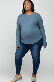 Blue Soft Ribbed Long Sleeve Maternity Plus Top