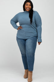 Blue Soft Ribbed Long Sleeve Plus Top