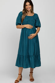 Teal Leaf Print Smocked Maternity Midi Dress