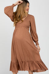 Rust Swiss Dot Smocked Long Sleeve Maternity Dress