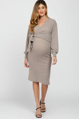 Taupe Brushed Wrap Front Tie Side Slit Maternity Midi Dress