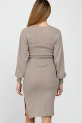 Taupe Brushed Wrap Front Tie Side Slit Maternity Midi Dress