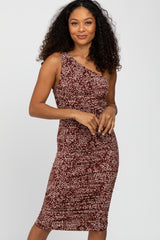 Brown Animal Print Asymmetrical One Shoulder Maternity Midi Dress