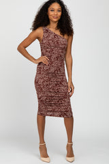 Brown Animal Print Asymmetrical One Shoulder Midi Dress