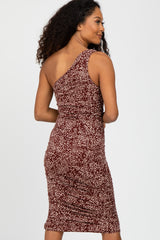 Brown Animal Print Asymmetrical One Shoulder Midi Dress