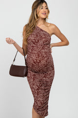 Brown Animal Print Asymmetrical One Shoulder Maternity Midi Dress