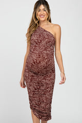 Brown Animal Print Asymmetrical One Shoulder Maternity Midi Dress