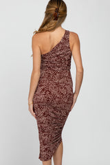 Brown Animal Print Asymmetrical One Shoulder Maternity Midi Dress