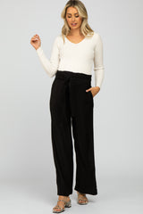 Black Smocked Belted Maternity Wide Leg Pants