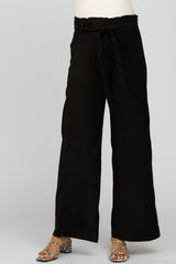 Black Smocked Belted Maternity Wide Leg Pants