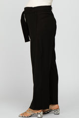 Black Smocked Belted Maternity Wide Leg Pants