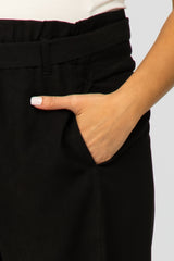 Black Smocked Belted Maternity Wide Leg Pants